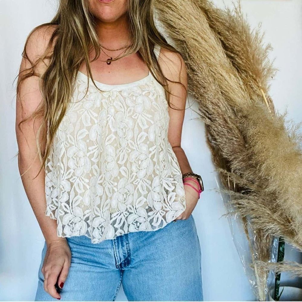 Free People Ivory Floral Lace Tank Top